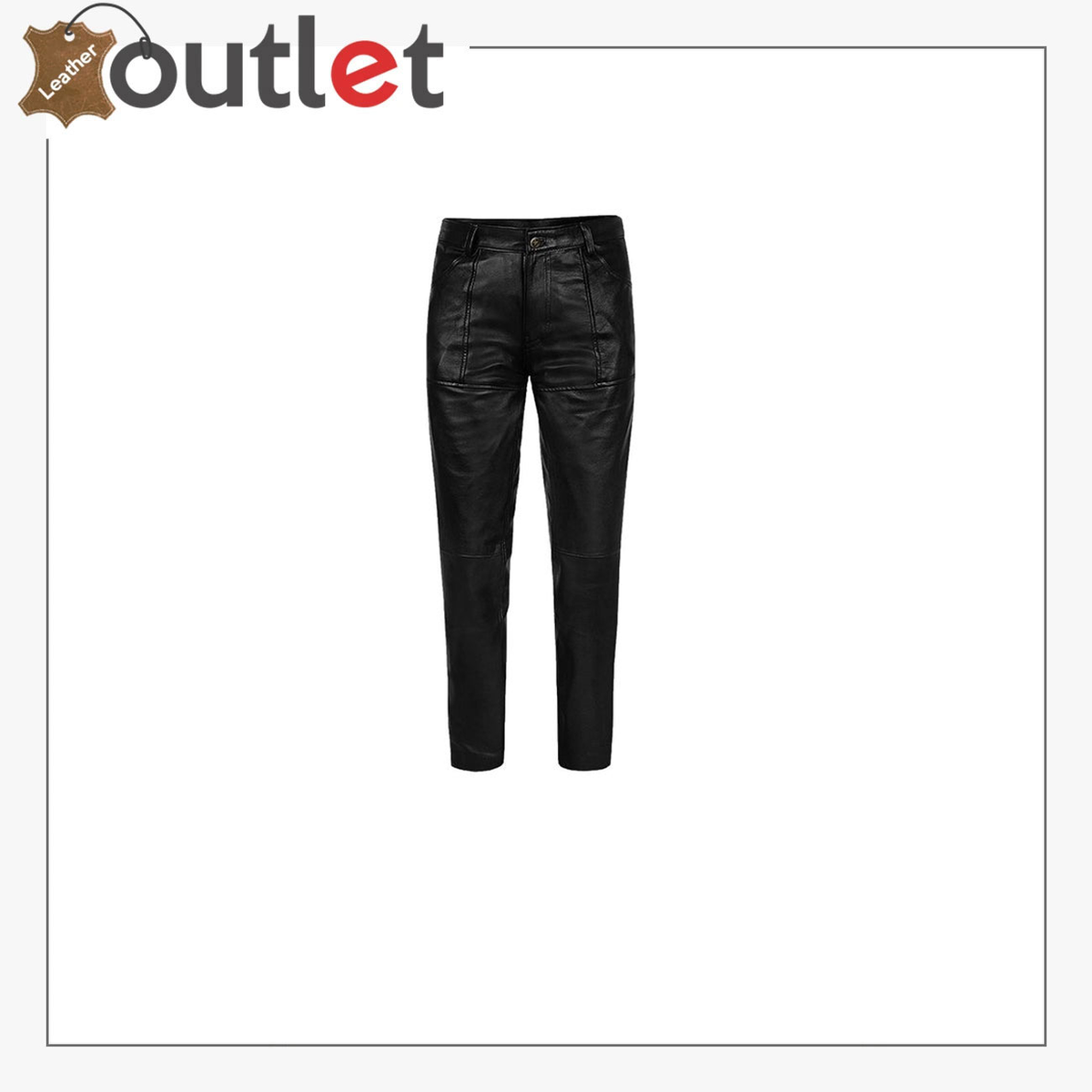 Mens black lace-up leather pants in slim biker fit, front view