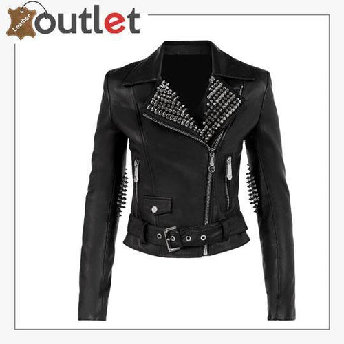 Black lambskin leather jacket with silver studs, front view