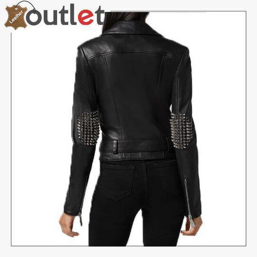 Silver studded black lambskin biker jacket, back view