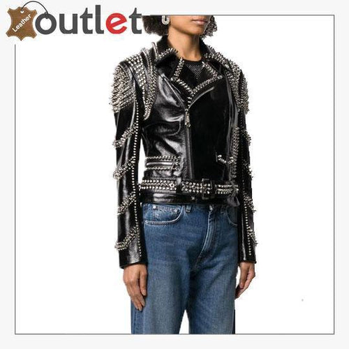 Spike studded lambskin perfecto jacket, back view