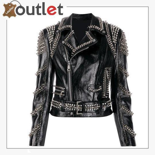 Black lambskin perfecto spike-stud biker jacket, front view