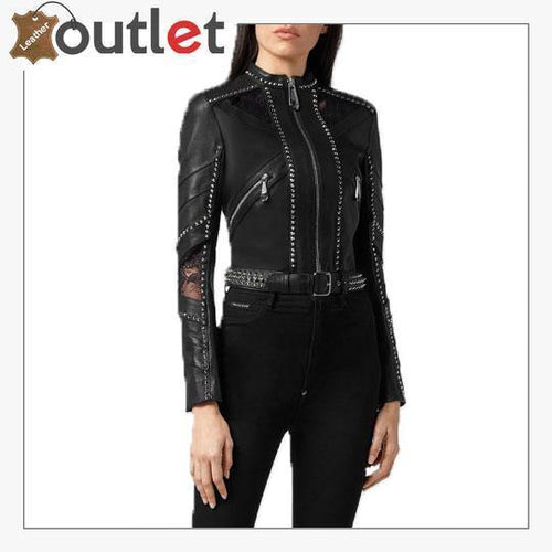Spike studded black lambskin jacket, back view
