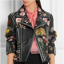 Load image into Gallery viewer, Rose Handpainted Silver Studded Biker Jacket
