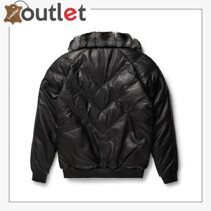 Black Leather Chinchilla Collar V Bomber Jacket - Leather Outlet