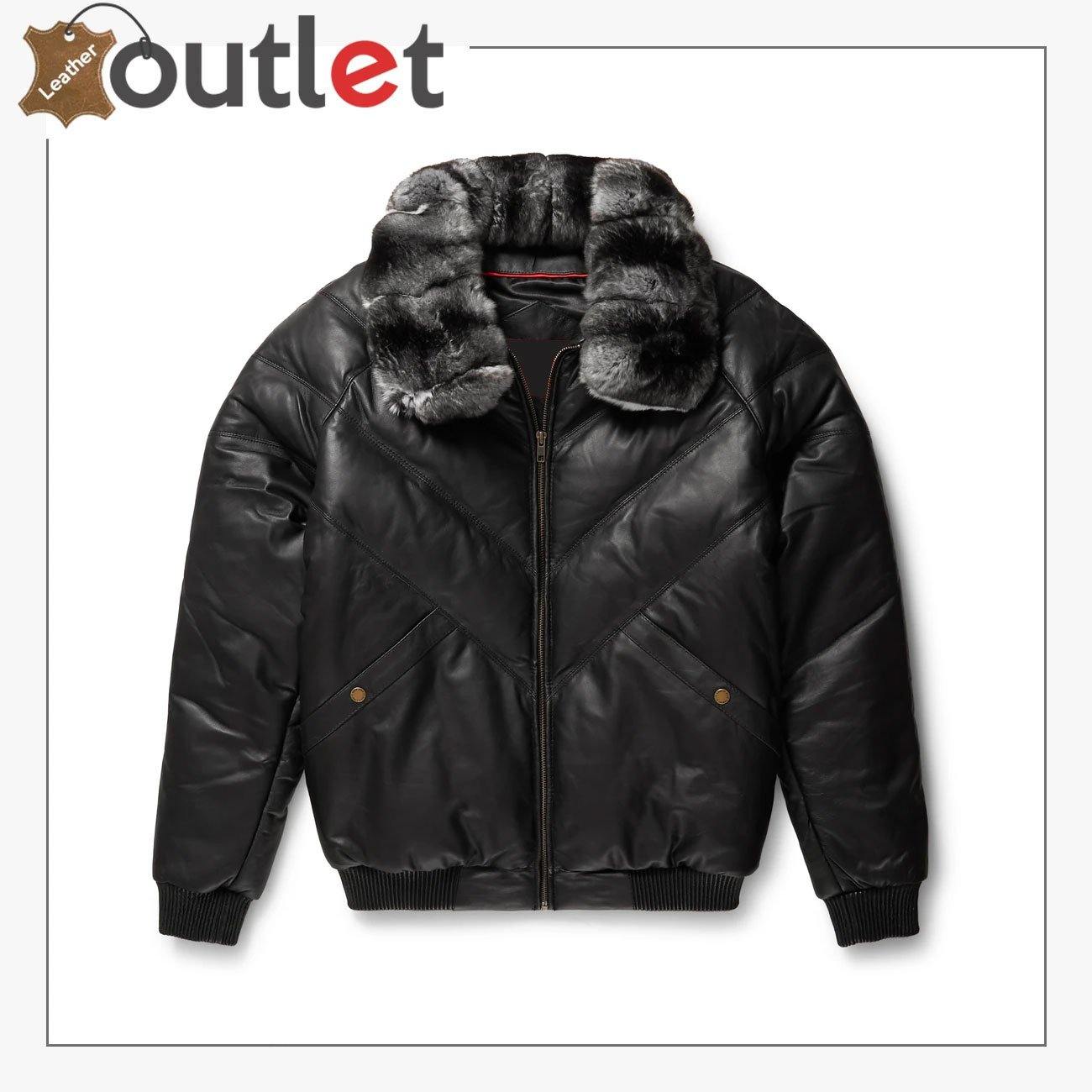 Black Leather Chinchilla Collar V Bomber Jacket - Leather Outlet