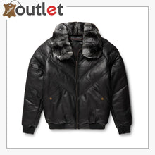 Load image into Gallery viewer, Black Leather Chinchilla Collar V Bomber Jacket - Leather Outlet
