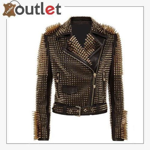 Black leather biker jacket with golden spike studs, front view
