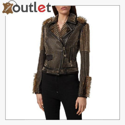 Gold spike studded punk biker leather jacket, back view