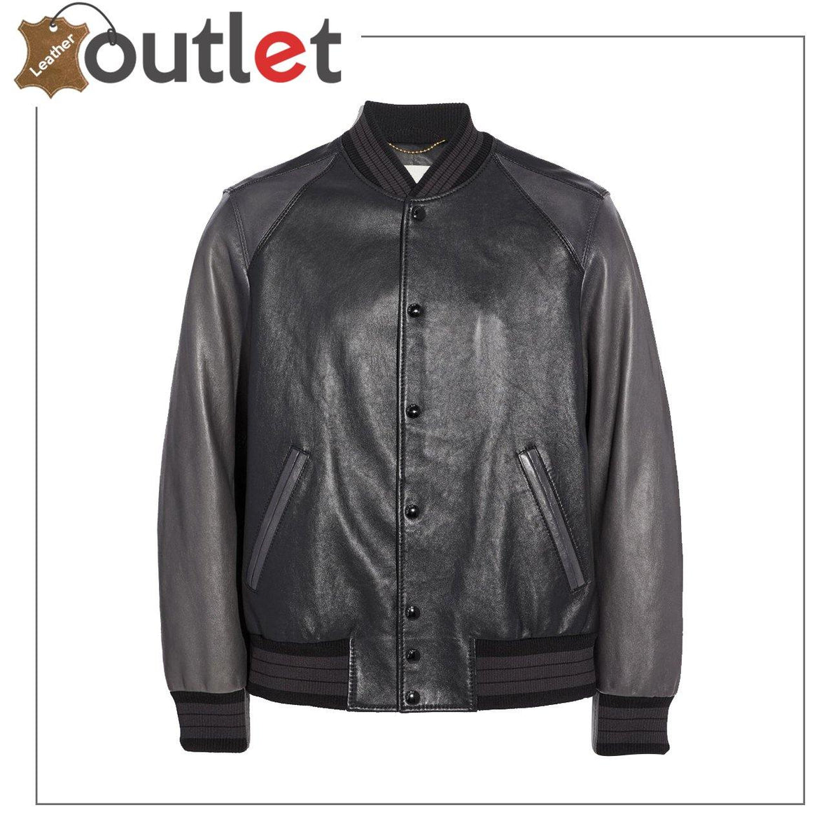 Black leather varsity jacket with ribbed collar and snap button front, front view