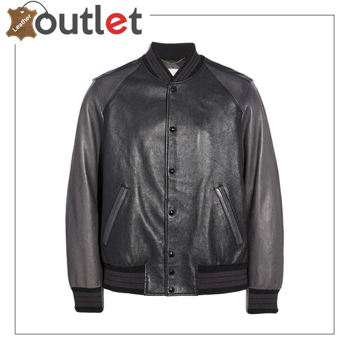 Black leather varsity jacket with ribbed collar and snap button front, front view