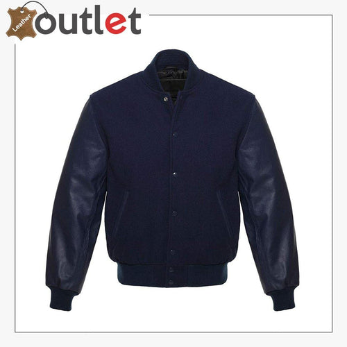 Black letterman varsity jacket in genuine leather, front view