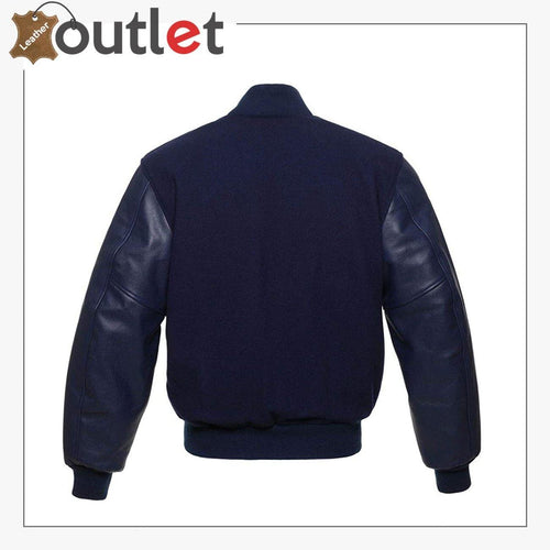 All black leather varsity jacket for men, back view with ribbed hem