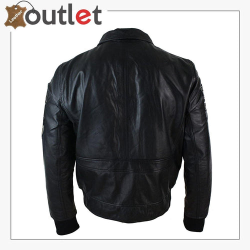 Stitched badge detail on black leather pilot bomber jacket