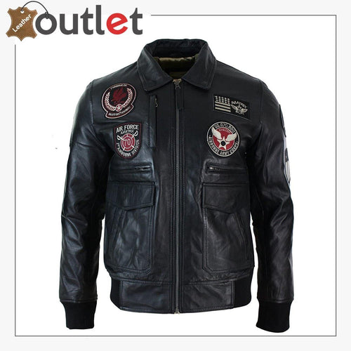 Black mens real leather bomber jacket with badge detail, front view