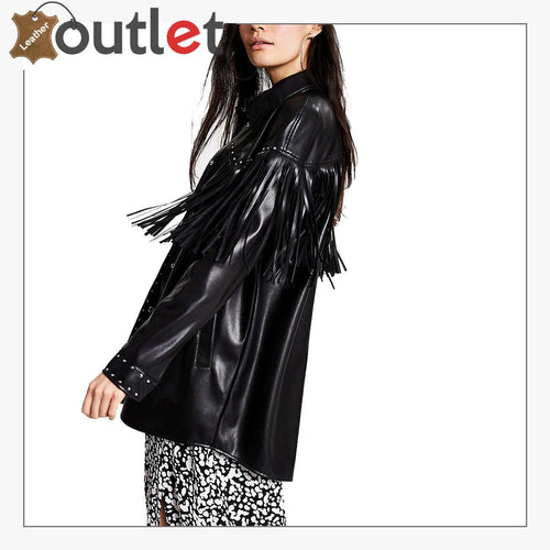 Press stud front detail on womens black leather shirt