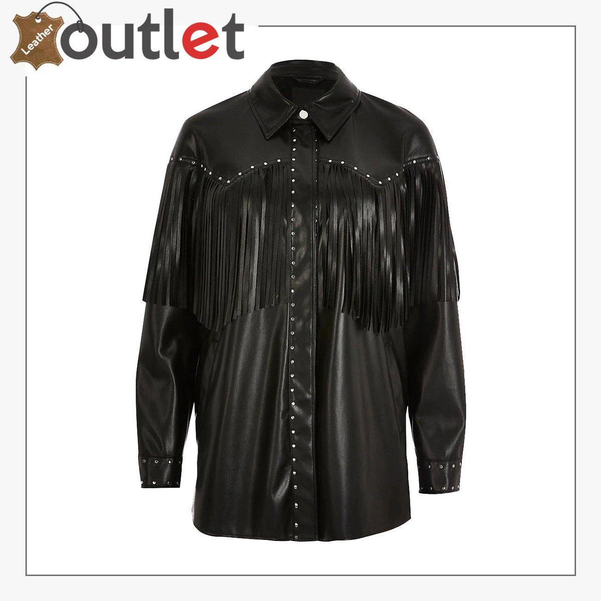 Womens fitted black real leather shirt with point collar, front view