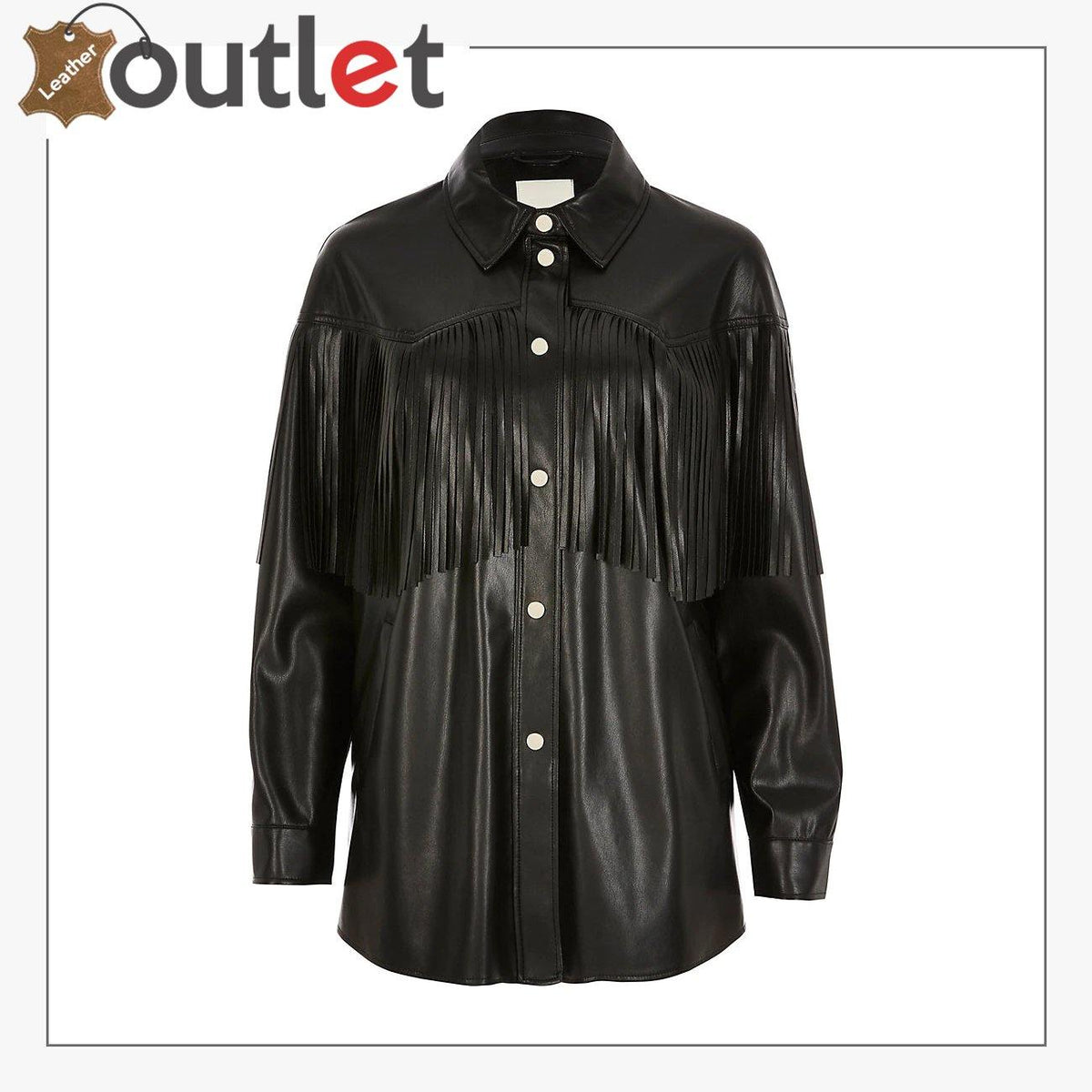 Womens black long sleeve real leather shirt with soft drape, front view