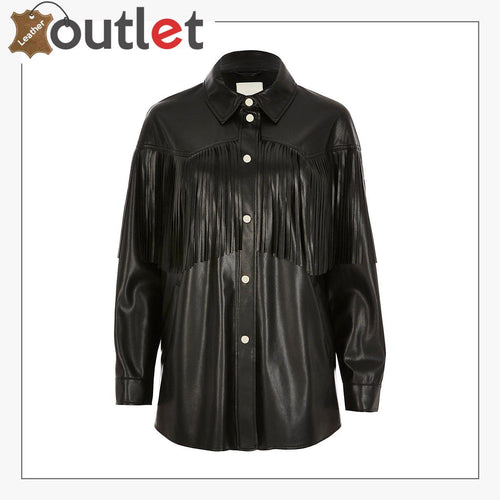 Womens black long sleeve real leather shirt with soft drape, front view