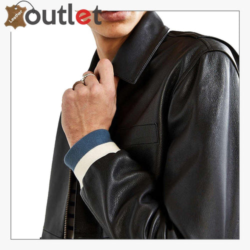 Side view of the shirt collar leather jacket showing relaxed drape