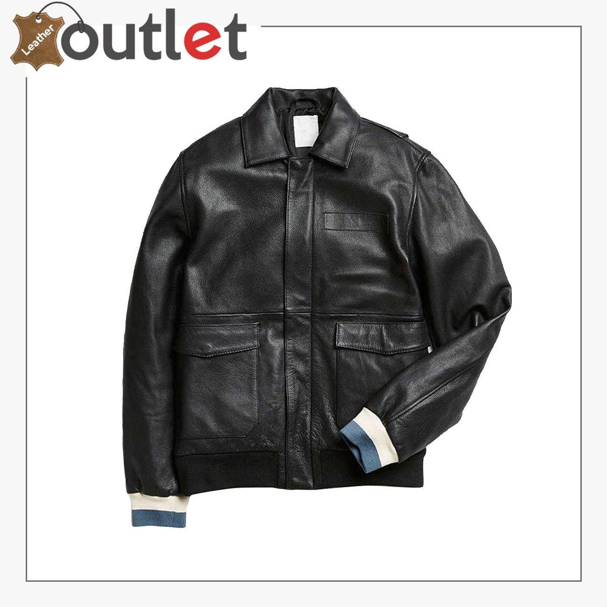 Black shirt style leather bomber jacket with fold-down collar, front view
