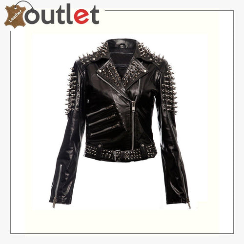 Black spiked studded punk leather jacket with cone spikes, front view