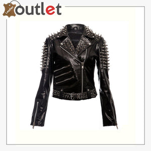 Black Spikes Studded Punk Leather Jacket - Leather Outlet