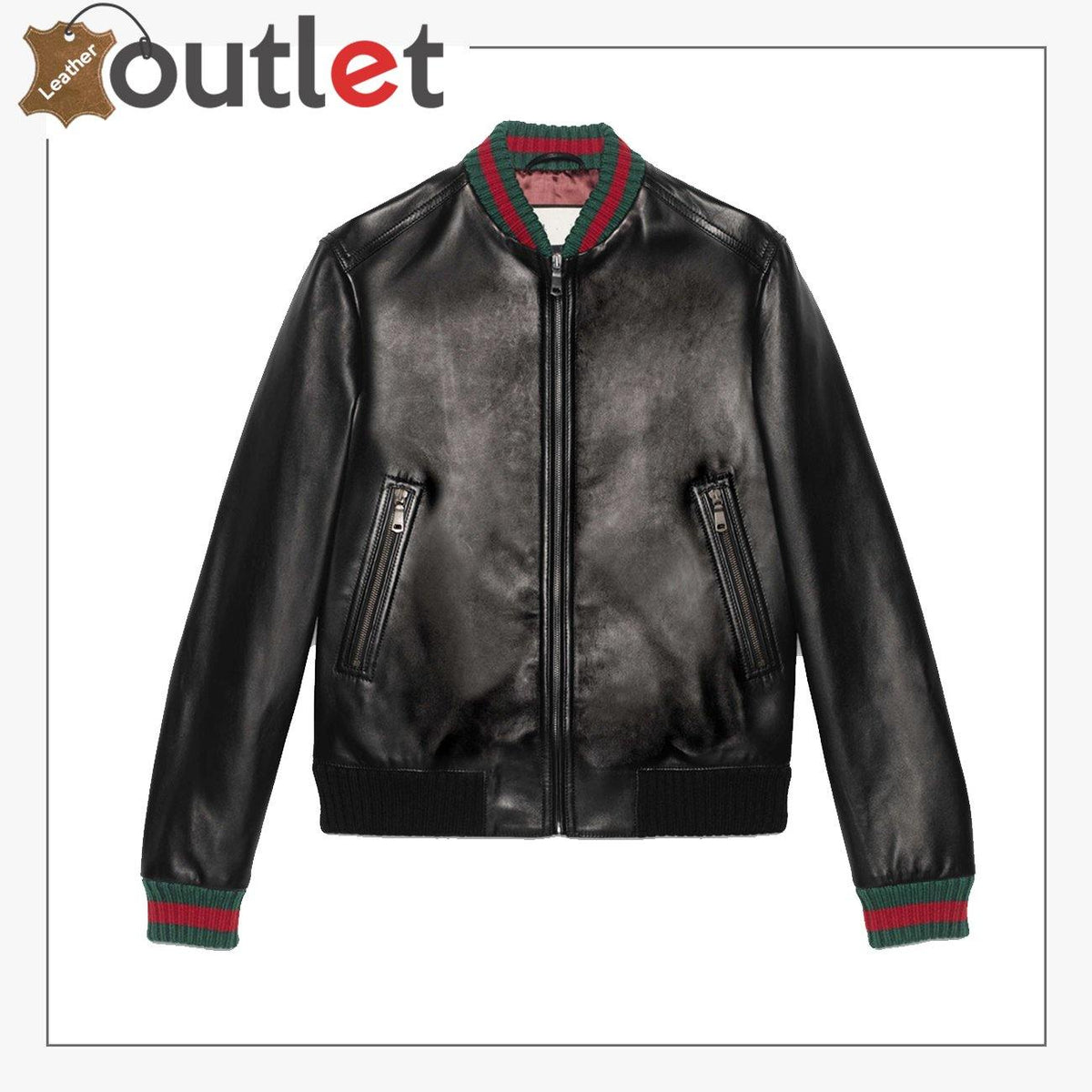 Black stylish mens leather jacket with clean modern cut, front view