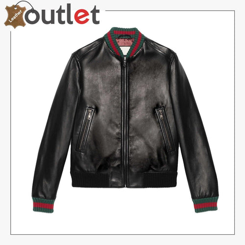 Black stylish mens leather jacket with clean modern cut, front view