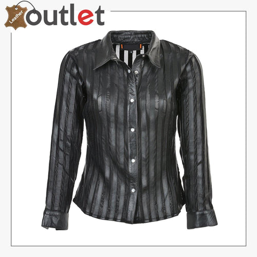 Black womens real leather shirt with collar and button front, front view