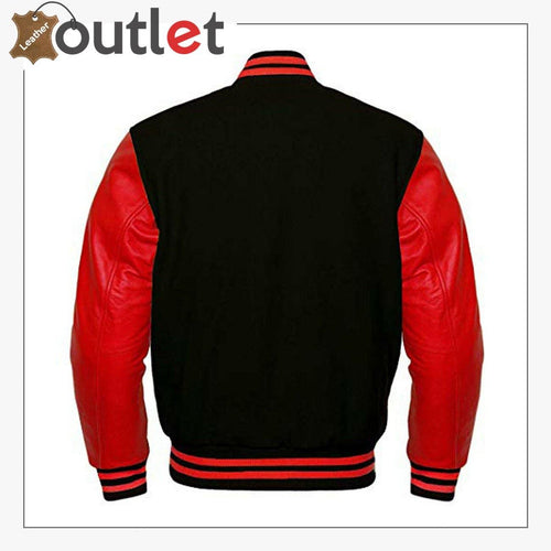 Red leather sleeve against black wool body on mens letterman jacket