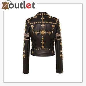 Black & Golden Embroidered Studded Leather Jacket - Leather Outlet