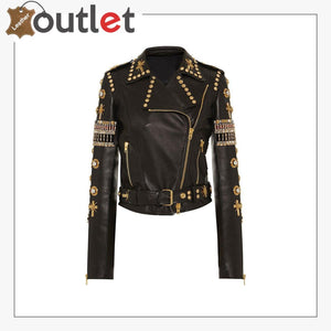 Black & Golden Embroidered Studded Leather Jacket - Leather Outlet