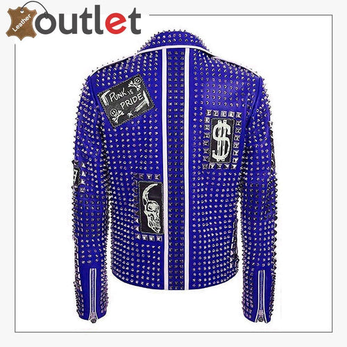 Mens blue studded leather jacket back view showing stud layout