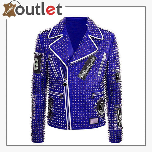 Blue leather studded jacket for men with silver-tone studs, front view