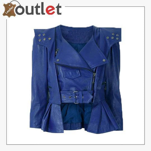 Blue cropped leather peplum biker jacket, front view