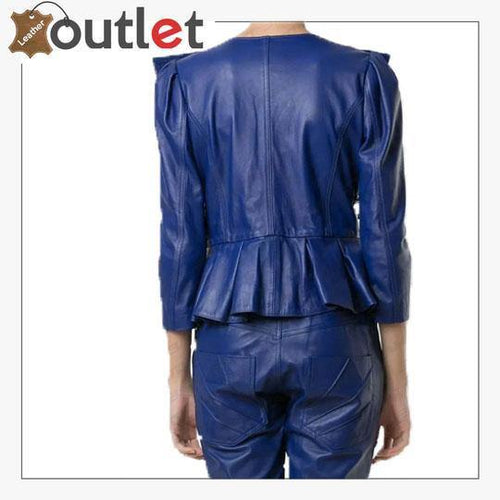 Blue peplum leather jacket, back view showing flared hem