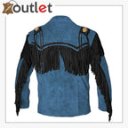Blue Western Cowboy Men's Brown Fringed Suede Leather Jacket - Leather Outlet