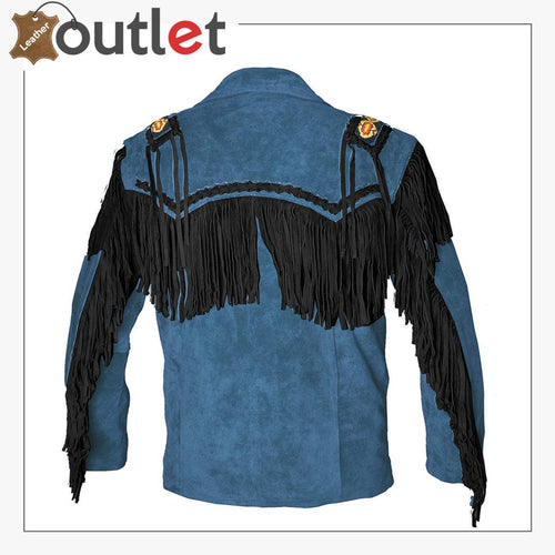 Back view of the blue suede western jacket showing back yoke and hand-cut fringe