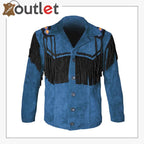 Blue Western Cowboy Men's Brown Fringed Suede Leather Jacket - Leather Outlet