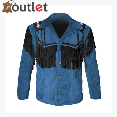 Blue western cowboy fringed suede leather jacket, front view with yoke fringe