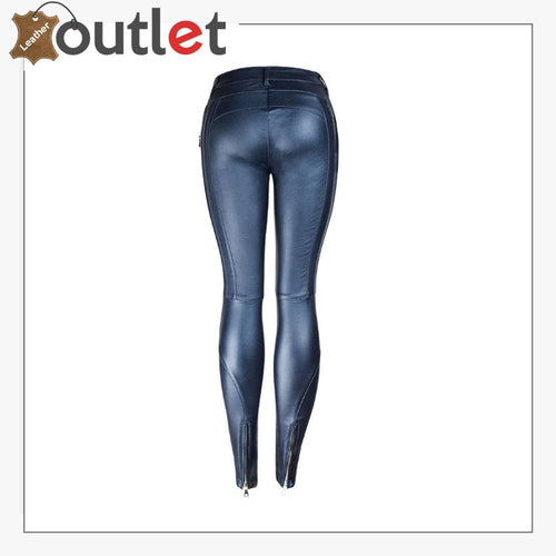 Back view of blue real leather motorcycle style trousers for women