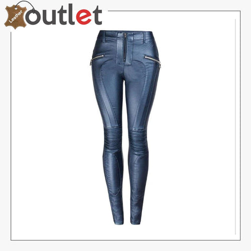 Blue womens real leather jeans in biker cut, front view