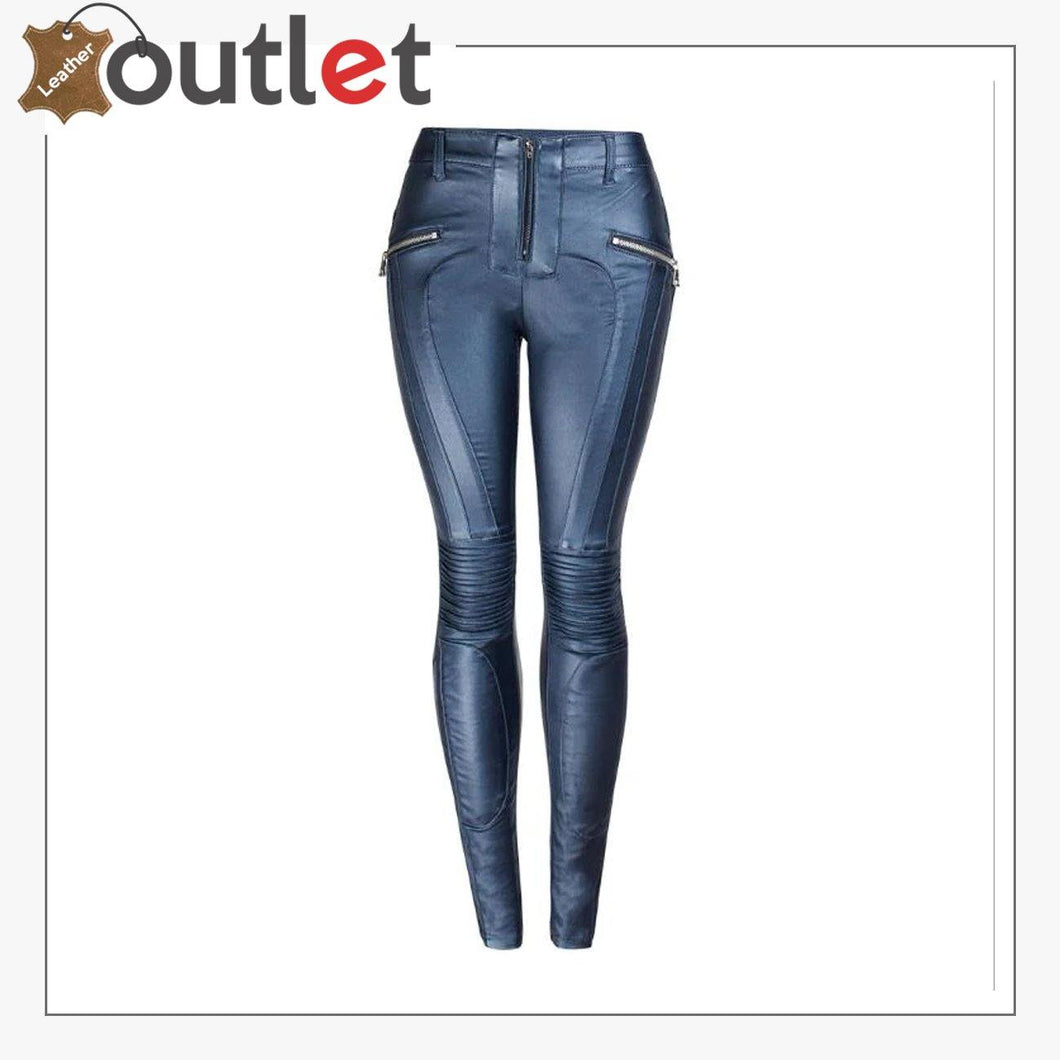Blue Womens Real Leather Jeans Motorcycle Biker Pants