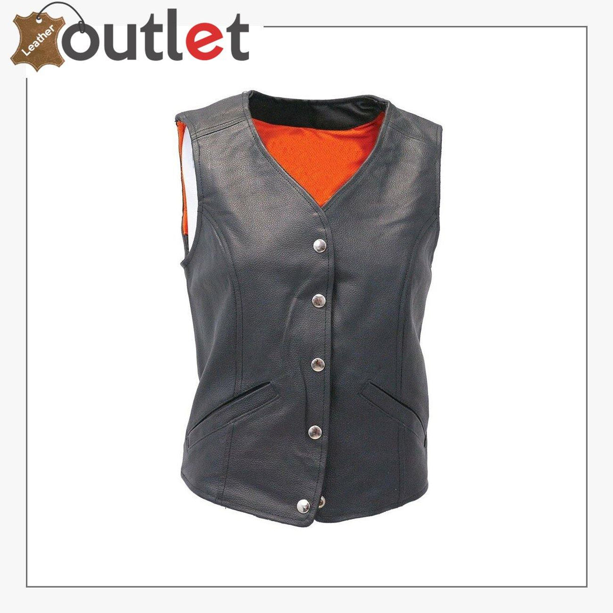 Womens handmade black real leather biker vest with snap front