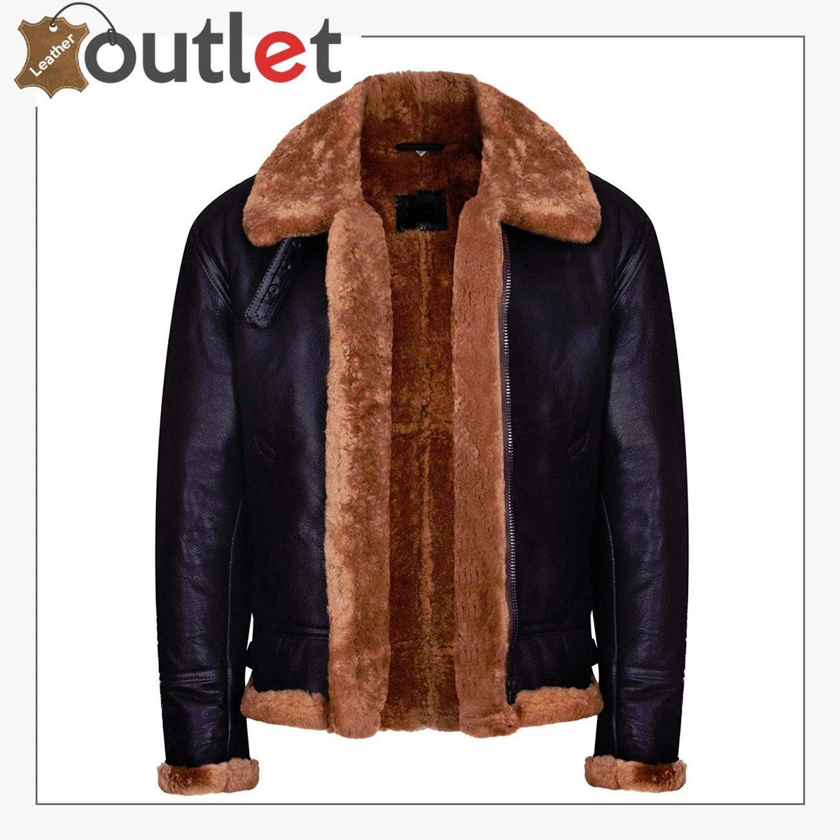Brown B3 real shearling sheepskin flying bomber jacket, front view