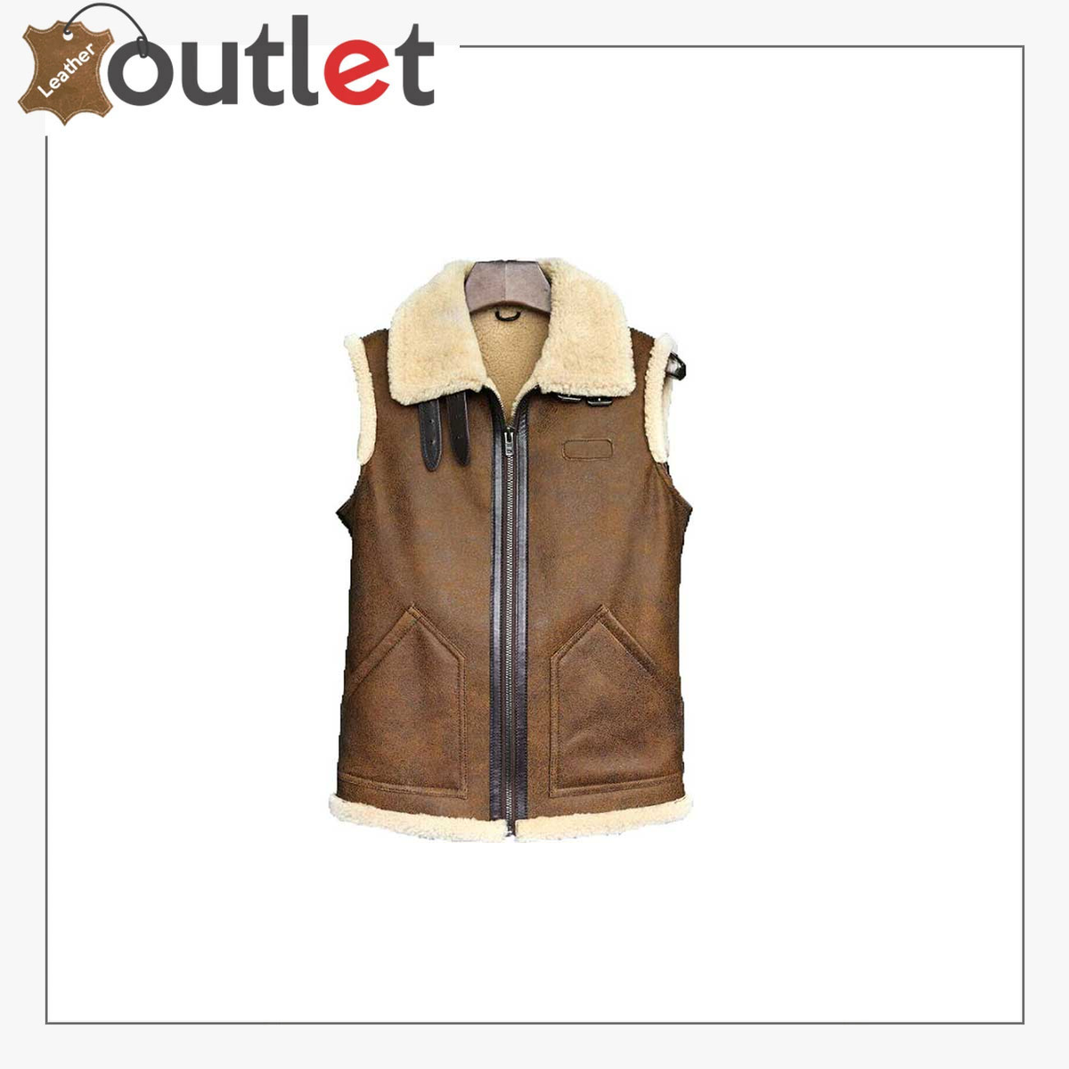 Brown leather vest with warm faux fur lining, front view