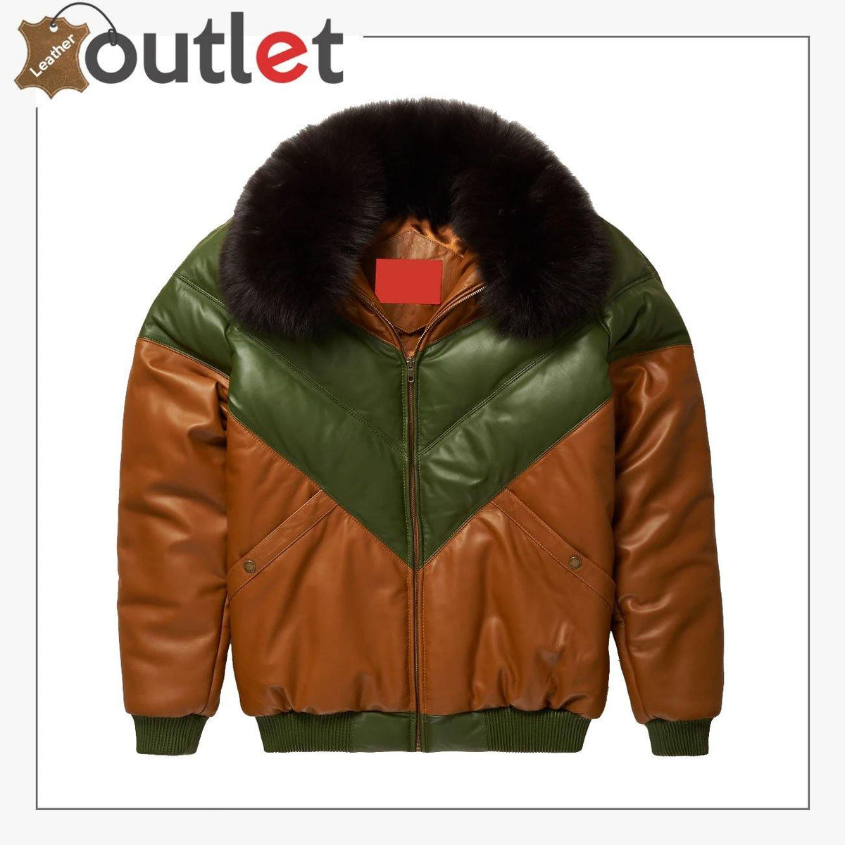 Brown and green two tone leather V bomber jacket, front view