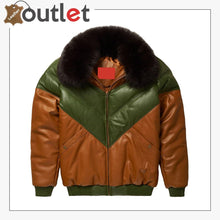 Load image into Gallery viewer, Brown-Green Leather Two Tone V Bomber Leather Jacket
