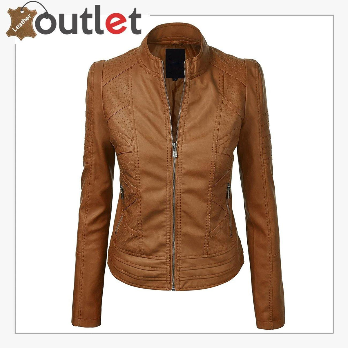 Brown high shine leather fashion jacket for women, front view