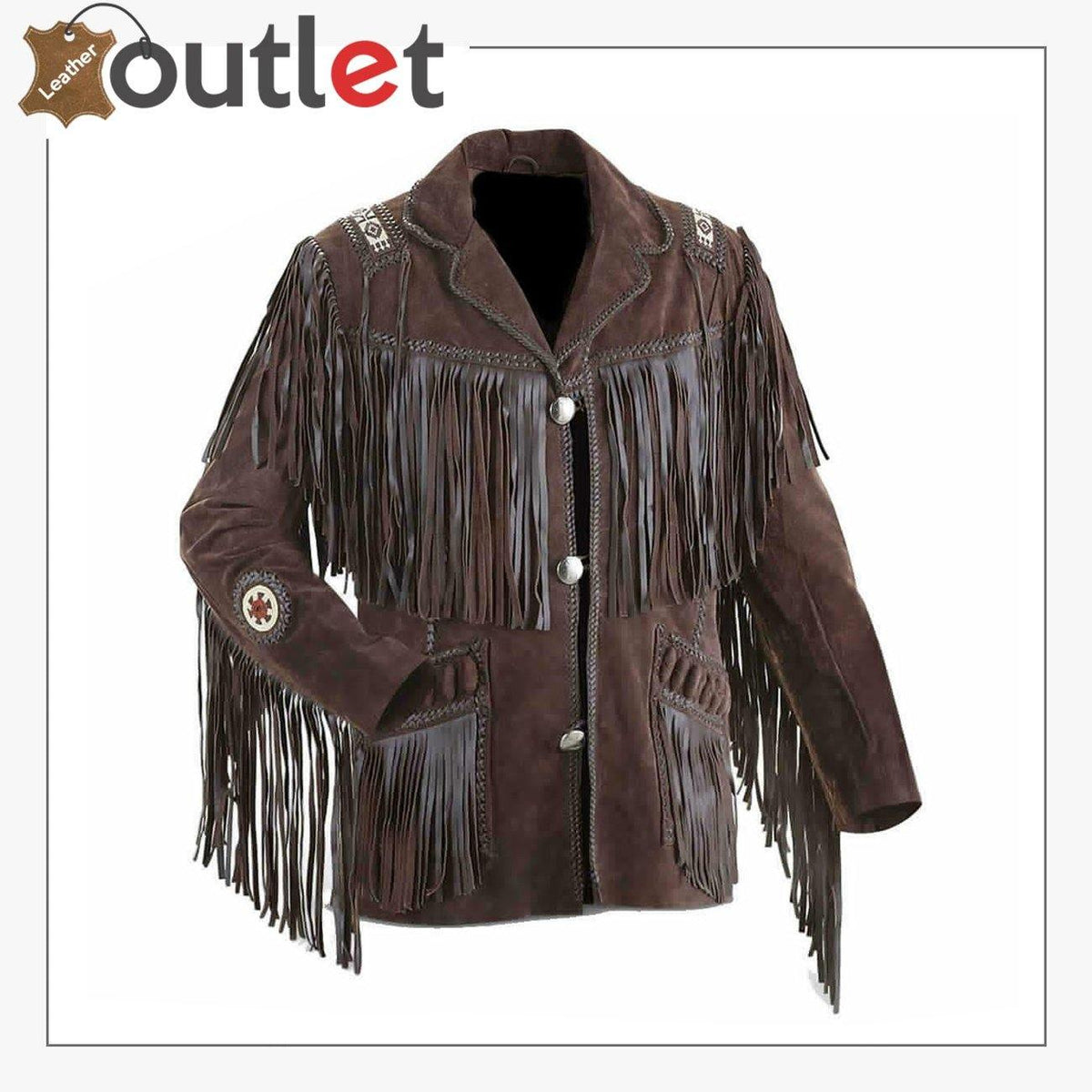 Brown real leather western jacket for men, front view with snap front and yoke